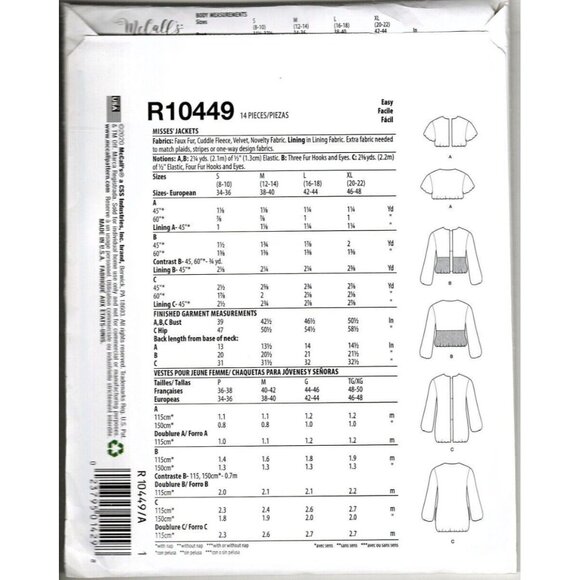 McCalls R10449 Misses S to XL Bolero Jackets Uncut Sewing Pattern New - Picture 2 of 7